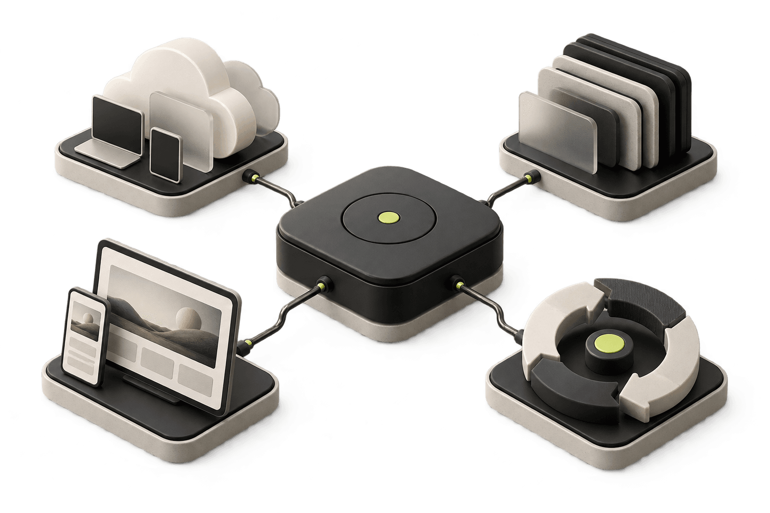 Abstract illustration of four service tiles around a central hub: cloud and devices, stacked archive panels, a website on a tablet and phone, and a circular care loop.